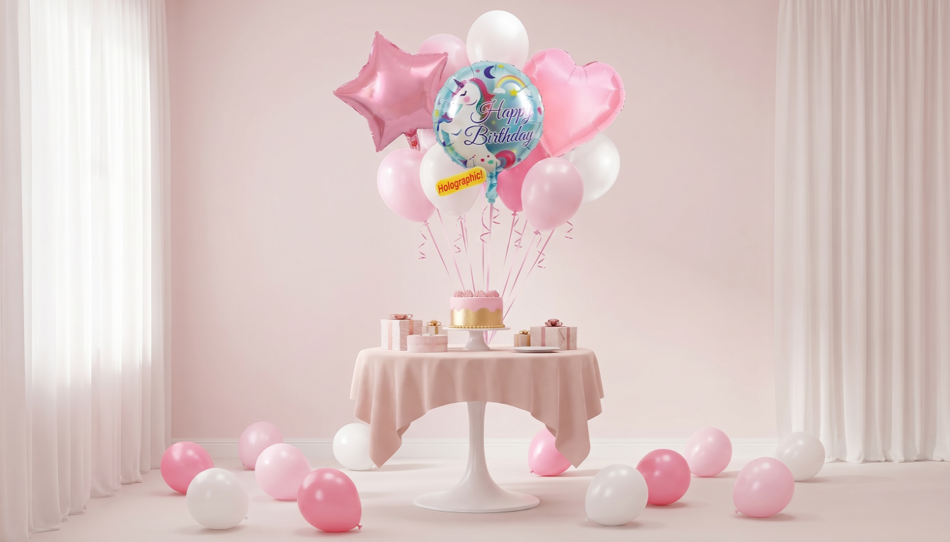 Decorative table with balloons and gifts against a light pink background
