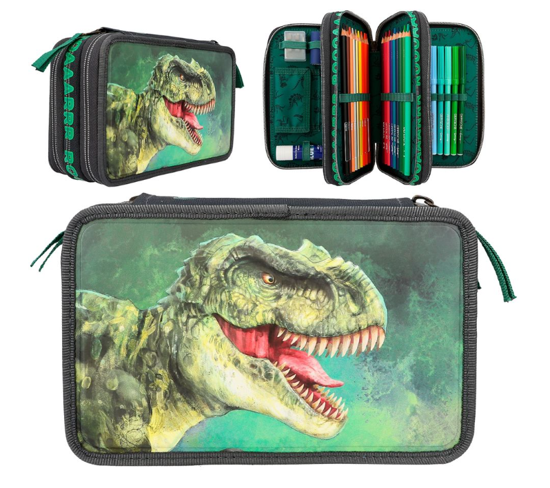 Dino World Triple Pencil Case Green With 3D Effect