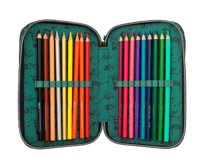 Dino World Triple Pencil Case Green With 3D Effect