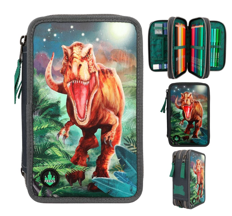 Dino World Triple Pencil Case LED Grey